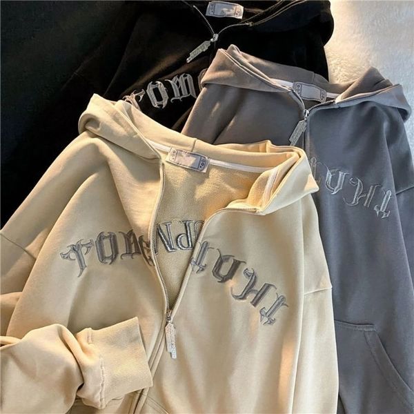 

retro embroidered zip up sweatshirt y2k harajuku 2022 plus size hoodie korean style loose letter long-sleeved pullovers hoodie, Black