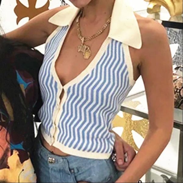 

streetwear fashion striped y2k halter womens cami knitted vest backless slim outfits female tank autumn, White