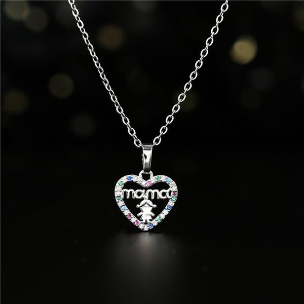 

heart mama&girl pendant necklace for women mother's day gift fashion cz jewelry femme bijoux necklaces, Silver