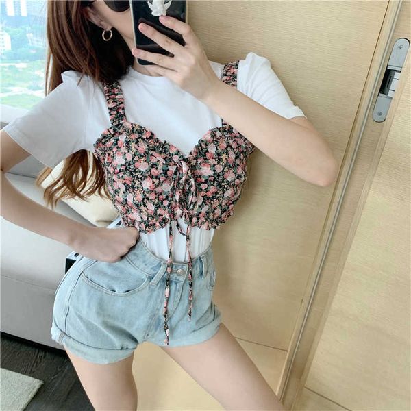

summer & tees plus size cotton o neck white short sleeve floral camisole patchwork tshirts women fashion vintage sweet 210610