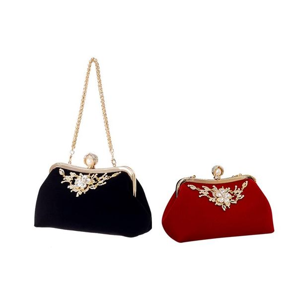 

cross body 2pcs female diamond pearl handbag vintage crystal flower evening bag wedding party bride clutch purse - black & red