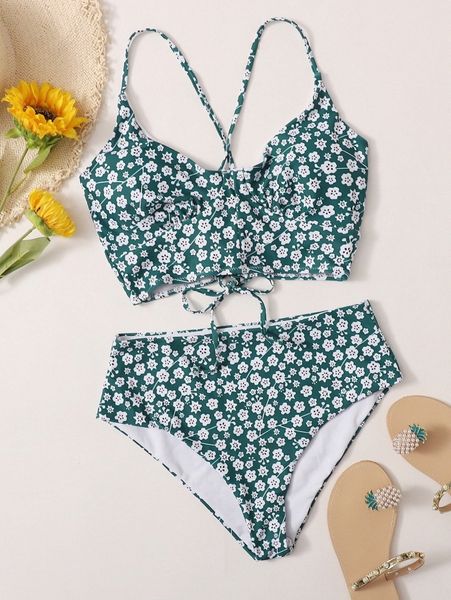 

ditsy floral lace-up back bikini swimsuit j2nn#, White;black