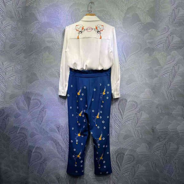 

pants seqinyy casual set 2021 spring fashion design female track butterfly white shirt+ star pants long blue print