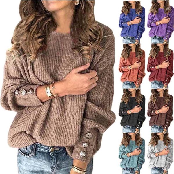 Koşu Ceketleri Kadın Sonbahar Kış Örme Sweaters O boyun boyun uzun kollu düğme dekorasyon süveter üstleri bayanlar rahat jumper artı boyut S-5XL