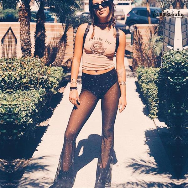 

women's pants & capris womens summer beach mesh sheer see through high waist flare pant trousers sequin pantalone femme, Black;white