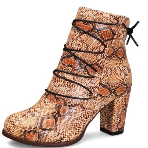 

boots fanyuan snake print ankle high heel woman round toe square heels cowboy botas shoes size 33-48, Black
