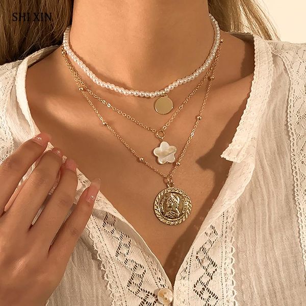 

multi layered pearl choker beads chain with coin/stars pendants necklace for women bohemia necklaces fashion 2021 jewelry pendant, Silver
