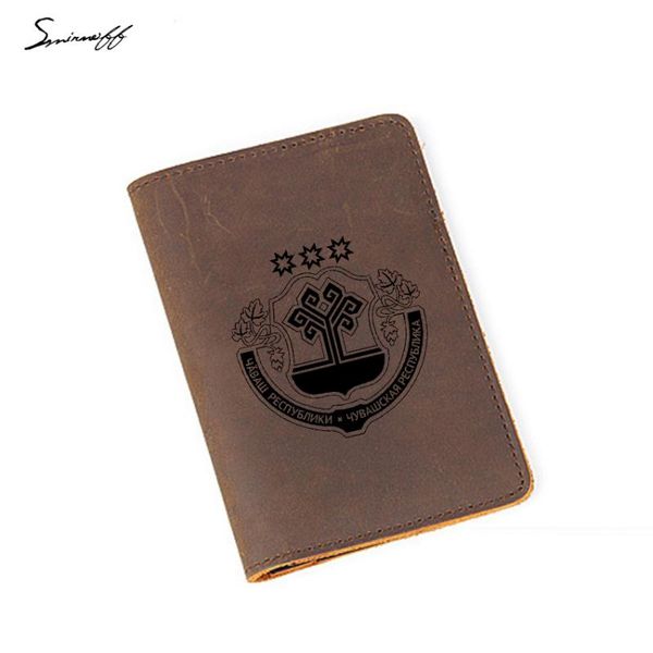 

card holders travel wallet men engraved the russian chuvash republic genuine leather passport cover id business, Brown;gray