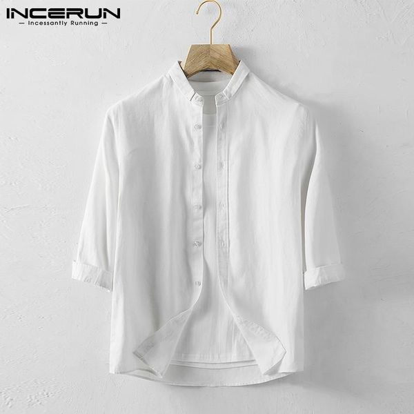 

men's casual shirts incerun men shirt cotton stand collar 3/4 sleeve button 2021 streetwear solid color camisa masculina harajuku s-3x, White;black
