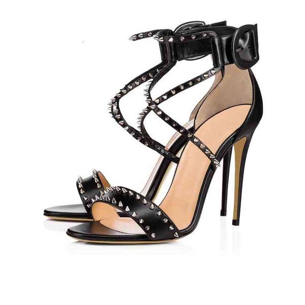 

sale women factory red bottom sandals spikes studs studded nude ankle strap beautiful stylish summer ladies fancy girls latest high heel, Black