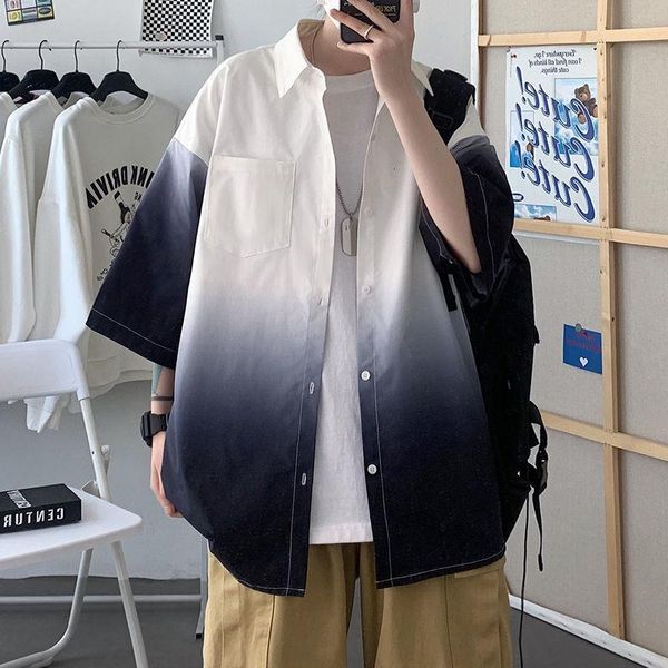 

men's casual shirts summer short-sleeved shirt fashion retro gradient men streetwear korean loose mens dress -3xl, White;black