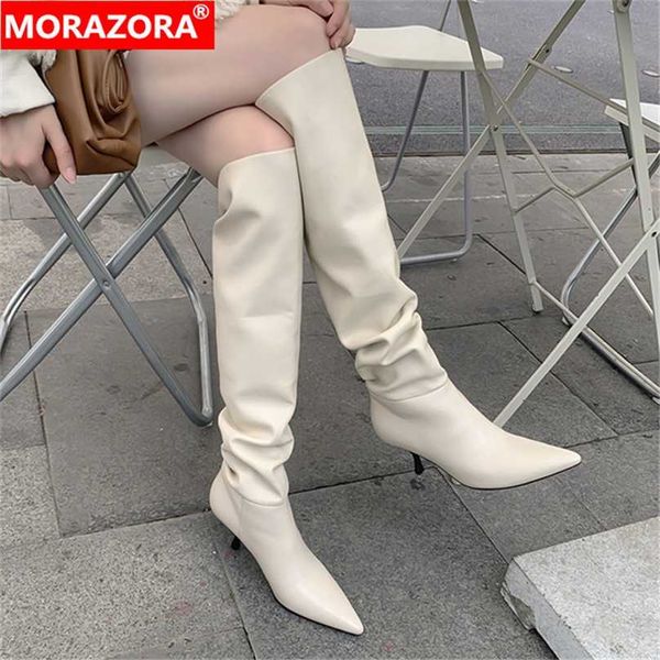 

morazora size 33-43 genuine leather women boots stiletto heels pointed toe ladies shoes winter solid color knee high 211104, Black