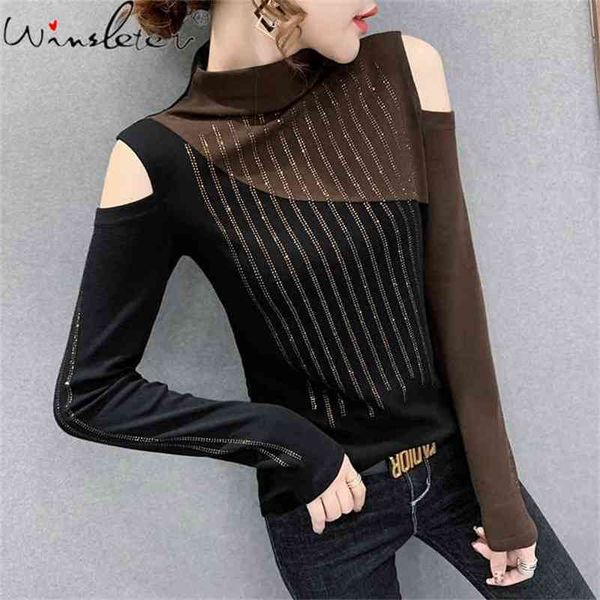 

spring autumn t-shirt women girls diamonds patchwork color block off-shoulder long sleeve slim tee t0n610a 210421, White