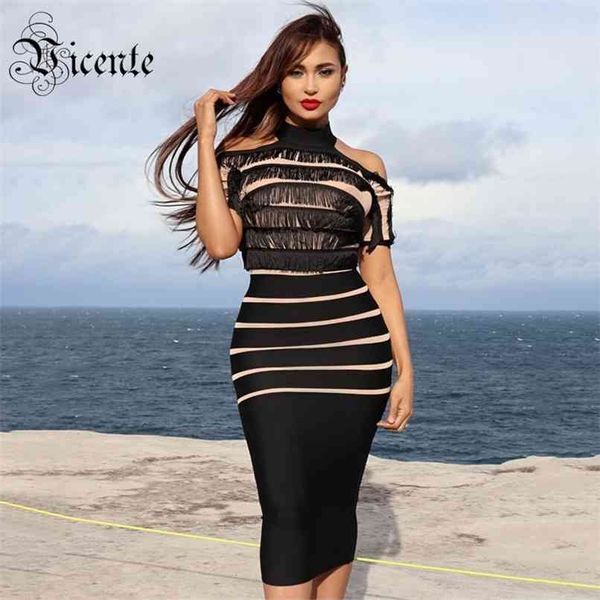 

striped tassel off the shoulder stand collar knee length celebrity party bandage dress 210520, Black;gray