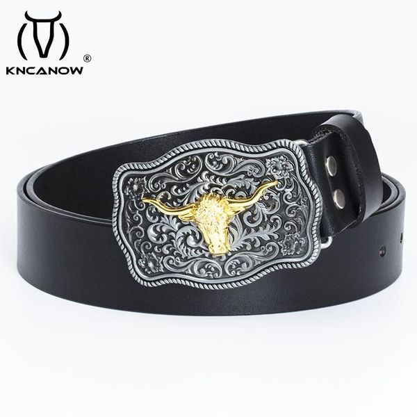 

men cow bull smooth buckle zinc alloy belt male punk rock genuine leather strap casual personality western cowboy accessories belts, Black;brown