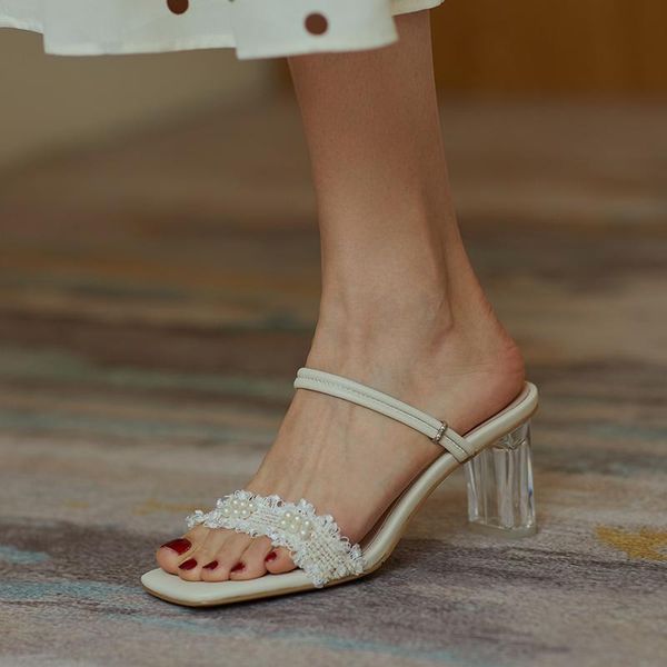 

square toe women sandals white leather ankle strap summer shoes woman 6cm transparent chunky high heels sandalias femmes slipper, Black