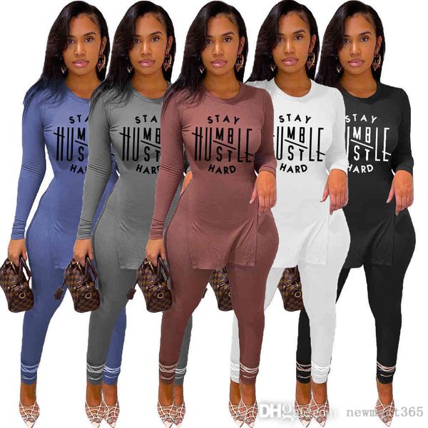

women rib two piece set deisgner tracksuits outfits casual knit letter printed tshirt solid long sleeve pants fall 2021 women clothes, Gray