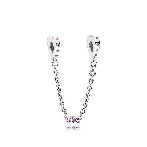 

silver sparkling clear sparkle heart pink crystal safety chain charm bead fit original pandora 925 bracelet pendant diy jewelry for women, Black