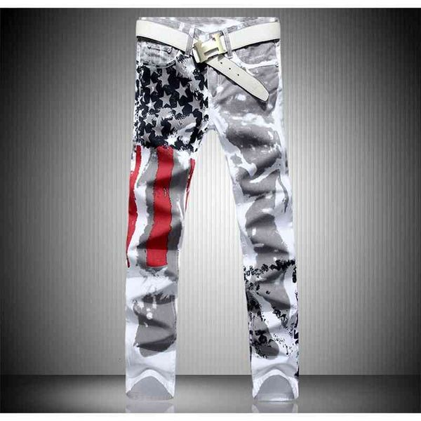

men's jeans pants white printed fashion men slim stretch printing american flag trousers hombre xc1r, Blue