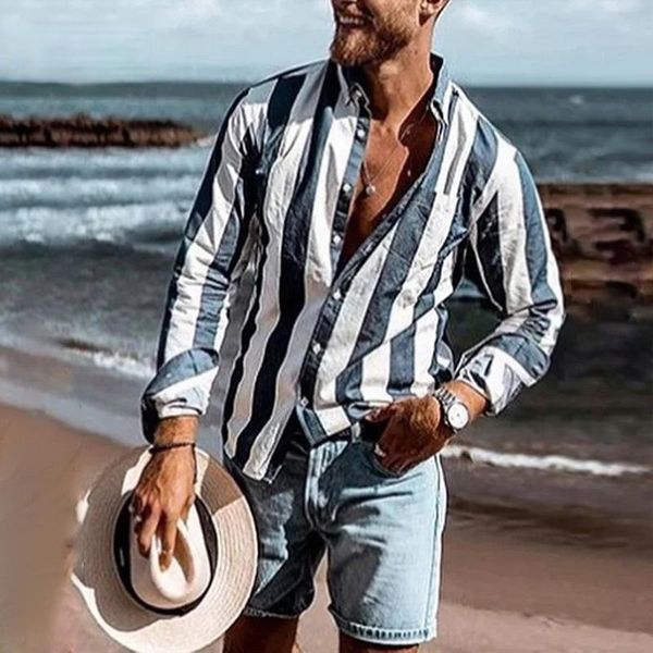 

men's casual shirts spring autumn traveling striped printing trun down collar cardigan long sleeve men clothing, White;black
