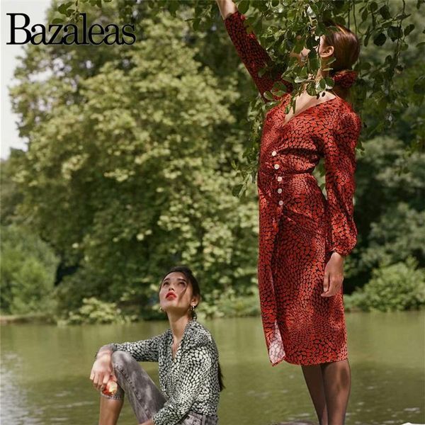 

casual dresses bazaleas fashion fastening tie side buttons women midi dress vintage gabin wrap france red kisses print vestido, Black;gray