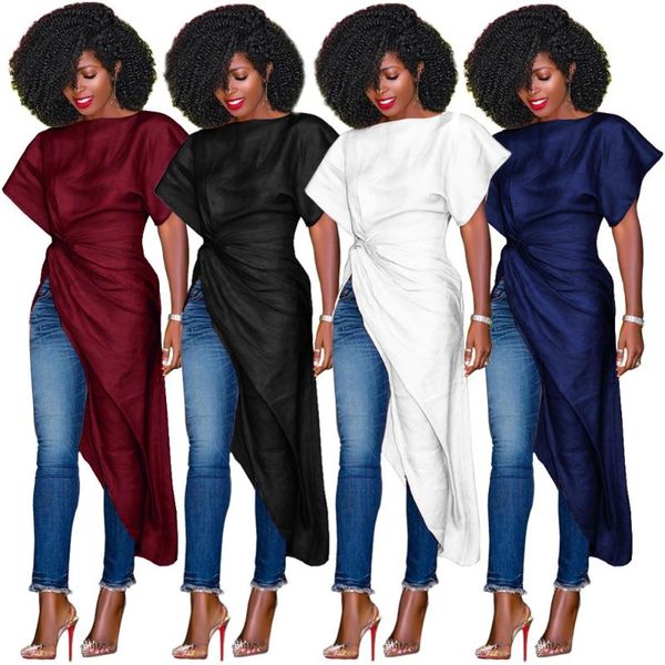 

solid color temperament fashion short sleeve front back long split one neck dress women's dating high street t-shirt, White