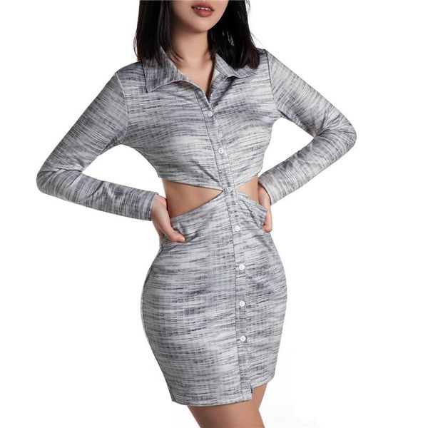 

casual dresses imcute fashion ladies and girls button-down sheath dress adults solid color lapel long sleeve abdomen cutout gray xs/s, Black;gray