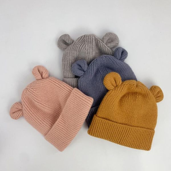 

caps & hats cute bear ear baby hat autumn soft warm knitted boy girls winter beanie solid color infant toddler kids cap bonnet, Yellow