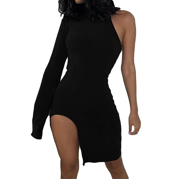 

casual dresses autumn fashion long sleeve one shoulder women's dress solid high street office lady slim mini skinny vestidos, Black;gray