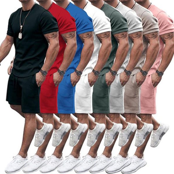 

men's tracksuits summer short sleeve pullovers and drawstring elastic waist shorts clothing sets casual sport two pieces set, Gray