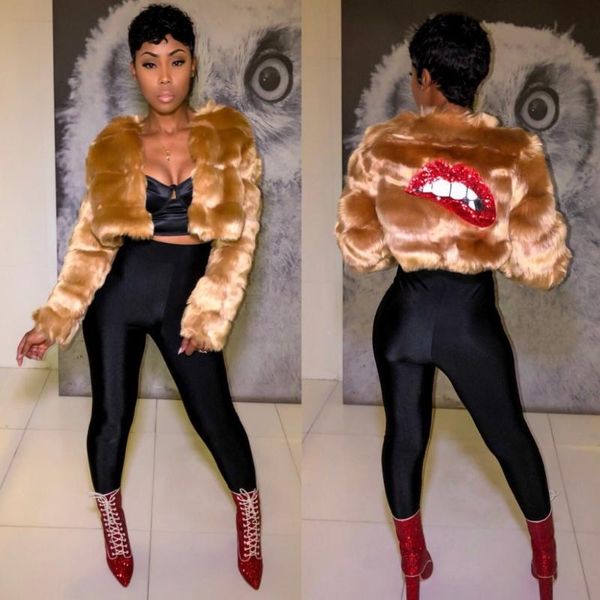 

women's jackets back sequined red lips short coats winter long sleeve fake fur women high street fashion plush b9142, Black;brown