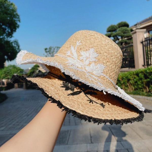

wide brim hats retro handmade flower embroidery raffia hat for women summer seaside beach straw fashion luxury chapeu panama, Blue;gray