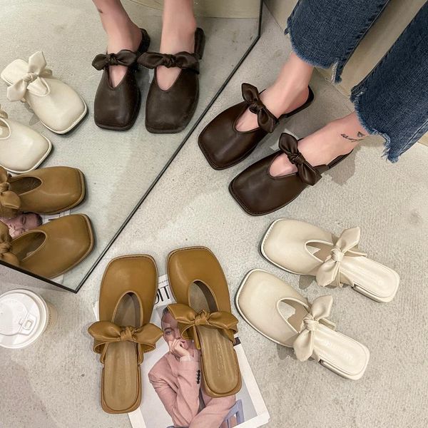 

butterfly-knot square toe shoes woman 2021 slippers flat low pantofle luxury slides summer designer rubber, Black