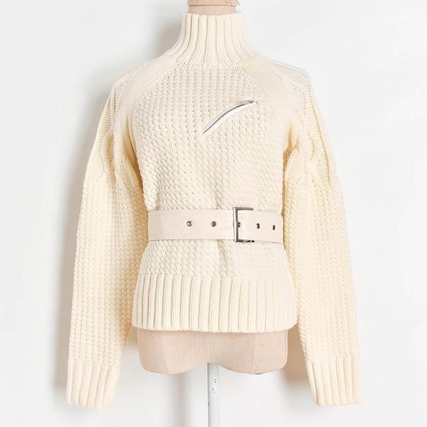 

women's sweaters turtleneck 2021 autumn winter women twist knitting zipper belt patchwork long sleeve casual thick wool pullover, White;black