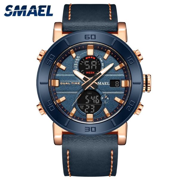 

wristwatches smael leather waterproof military led wrist watch dual display fashion sport men quartz digital relogio masculino, Slivery;brown