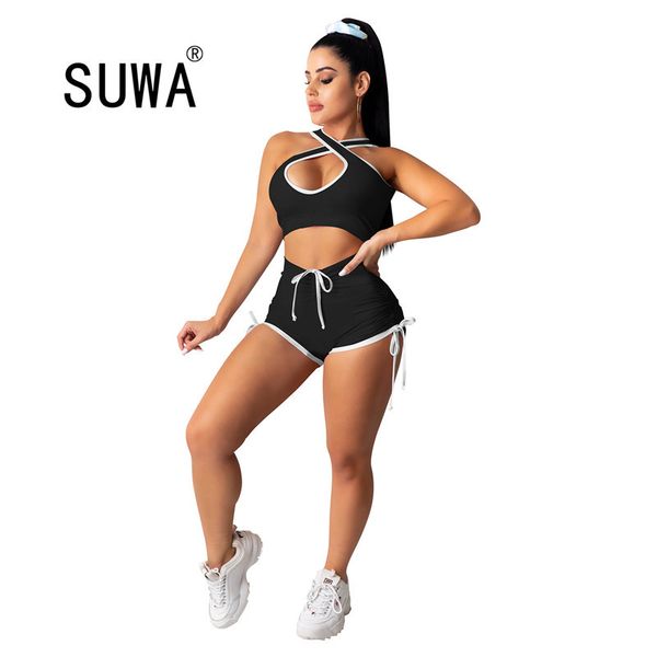 Sexy Mulheres Halter Pescoço Aberto Crop Tops Crepúsculas Calções Calças Active Wear Tracksuit Dois Peça Correspondência Conjunto De Fitness Equipamentos 210525