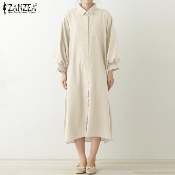 

casual dresses zanzea 2021 women loose autumn spring dress full puff sleeve lapel vestidos maxi solid shirt buttons plue size, Black;gray