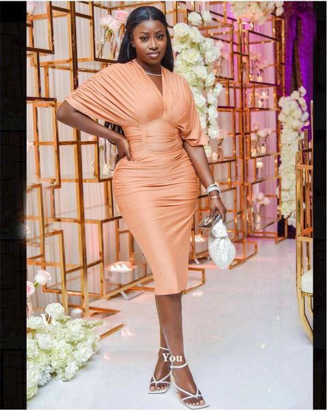 

verngo simple satin evening dresses with cape sleeves v neck knee length prom gowns south african formal, Black;red