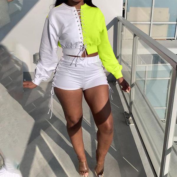 

women's tracksuits two piece tracksuit long sleeve colorblock lace up & slim shorts set, Gray