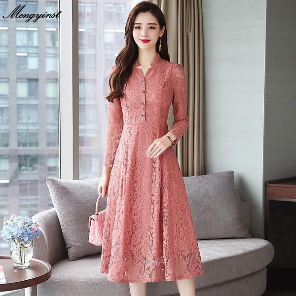 

casual dresses elegant lace hollow out long sleeve dress women 2021 autumn woman fashion single-breasted v-neck office lady party, Black;gray