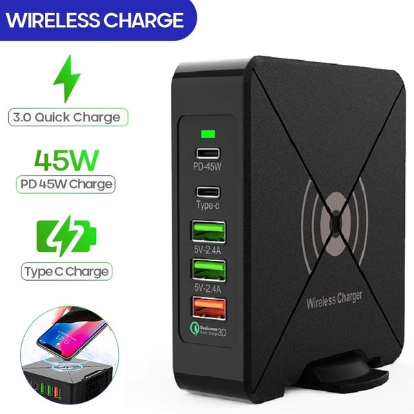 75-W-PD-Wireless-Ladegerät-Schnittstelle Qualcomm Quick Charge 3.0 5 Port mit Typ-C-USB-Ladegerät für Mobiltelefone