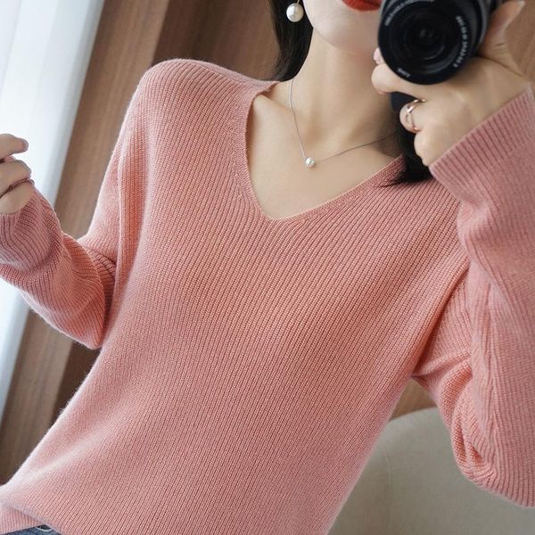

women's sweaters 2021 spring and autumn v-neck sweater women wear loose skinny foreign style long sleeve korean knitted backing shirt, White;black