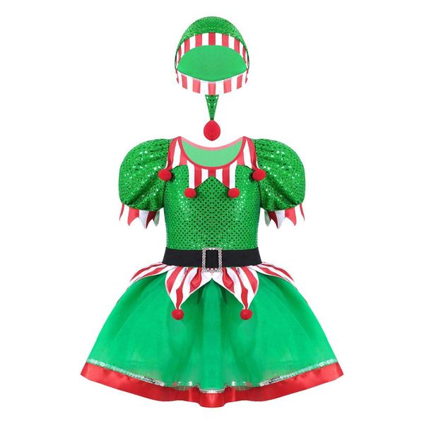 Дети девушки рождественские эльф костюм рождественских блестных помпонов украшенные причудливые вечеринки сетки платье пачка с шляпой новогодняя карнавальная одежда G1026