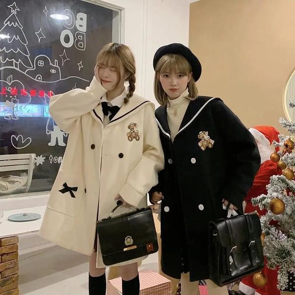 

women's wool & blends embroidered navy collar coat women autumn and winter clothes are sweet cute 2021 clothing, Black