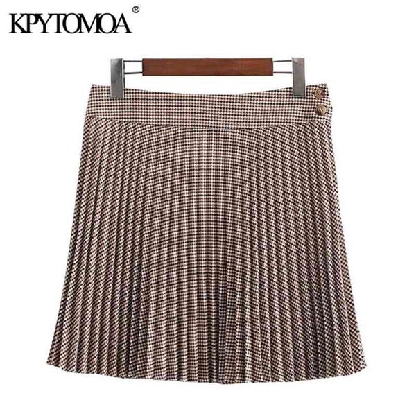 

women chic fashion with buttons houndstooth pleated mini skirt vintage high waist side zipper female skirts mujer 210420, Black