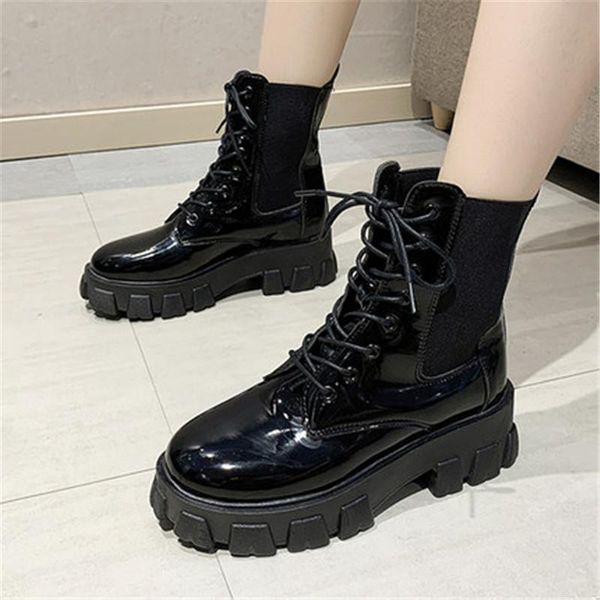 

boots shoes women autumn ankle thick non-slip lace up girl leather botas mujer short fashion black white