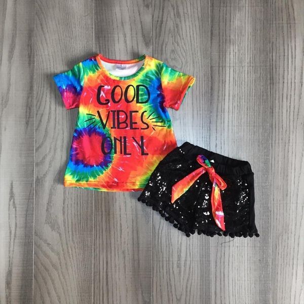 

baby girls summer outfits tie dye shirt with sequins shorts dyed, White