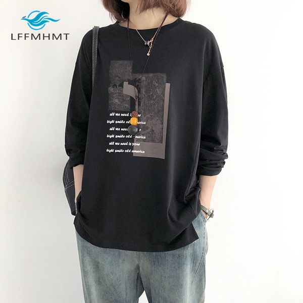 

women spring and autumn fashion brand korea style letter print cotton long sleeve t-shirt female casual loose tee tshirts cloth, White