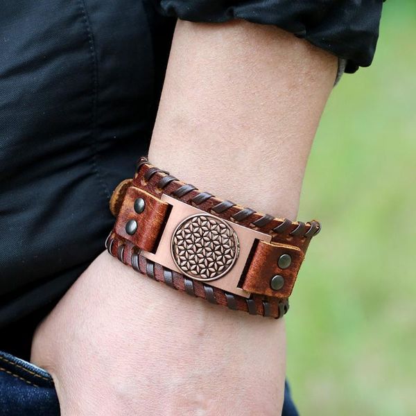 

bangle trendy charm wide leather bracelet nordic viking rune flower of life men's punk woven accessories party jewelry, Black
