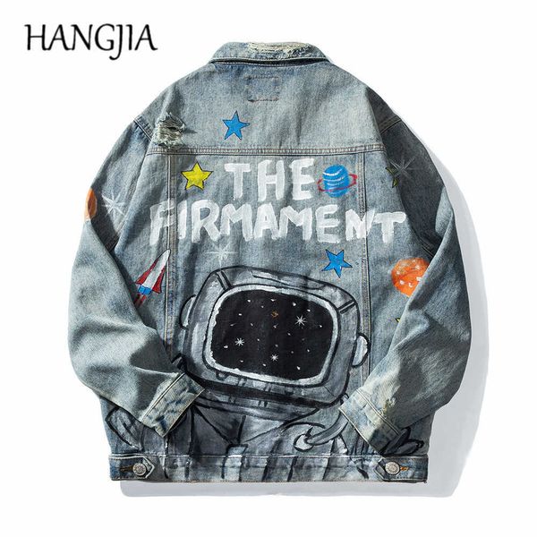 Astronauta dipinto a mano Mens Giacche di jeans Autunno Inverno Hip Hop Distressed Denim Jean Jacket High Street Lavato Abbigliamento uomo C0607
